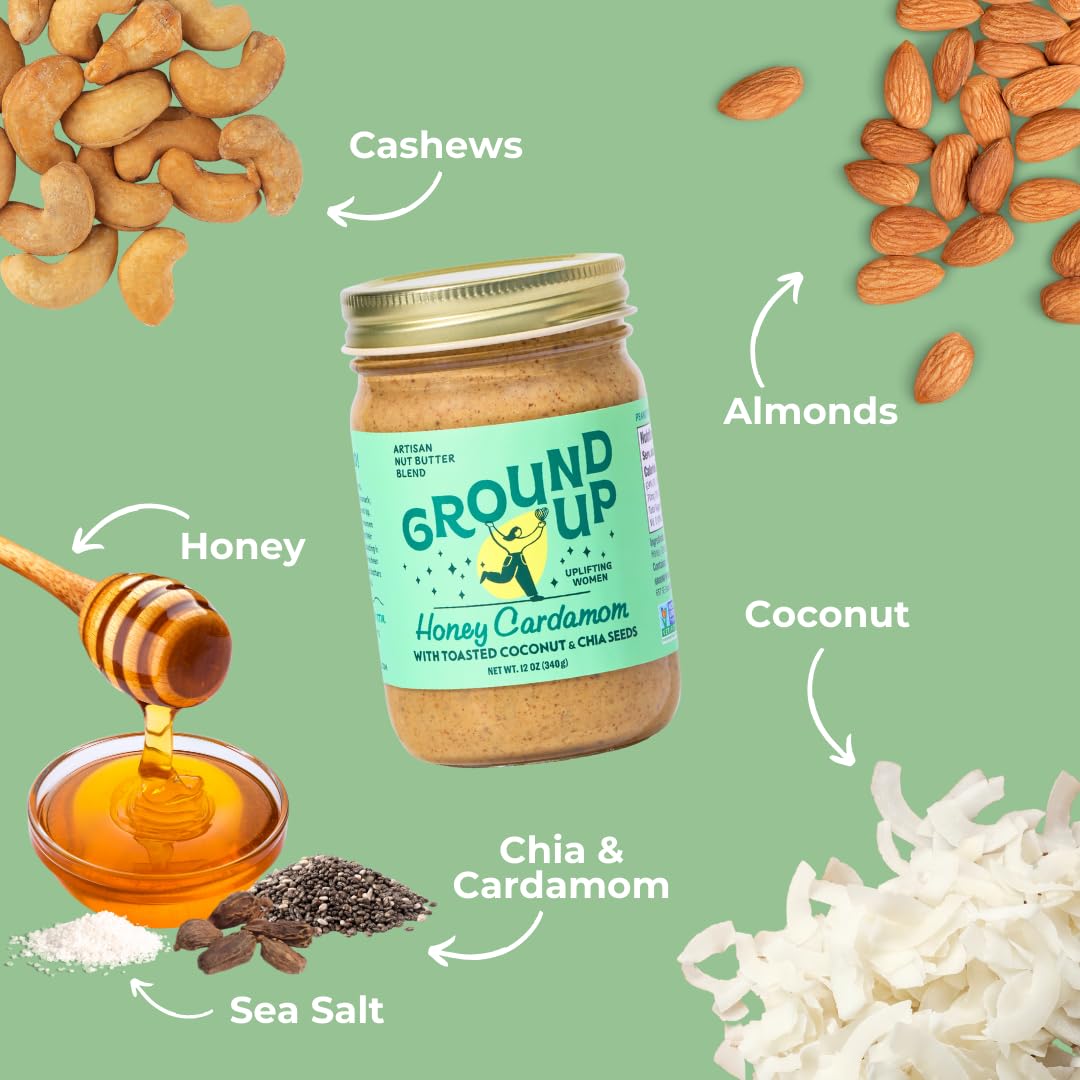 Ground Up Almond & Cashew Nut Butter - Honey Cardamom With Chia Seed - Peanut-Free, Dairy-Free, Gluten-Free, Vegan - 1 Jar 12oz