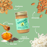 Ground Up Almond & Cashew Nut Butter - Honey Cardamom With Chia Seed - Peanut-Free, Dairy-Free, Gluten-Free, Vegan - 1 Jar 12oz