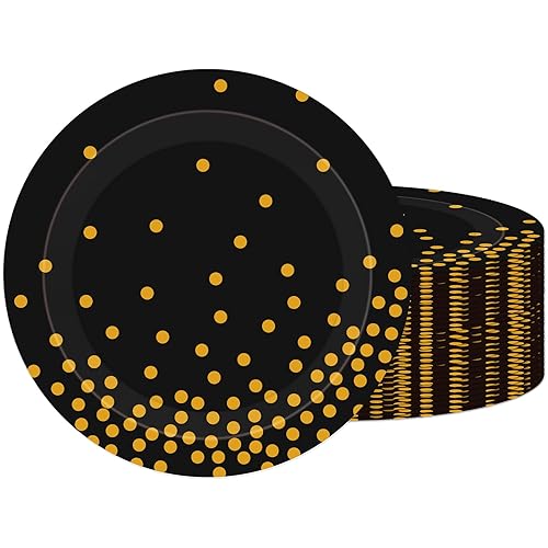 Black and Gold Plates,60Pcs 7Inch Black Disposable Plates,Party Disposable Tableware Kit,Gold Foil Polka Dots Dessert Plate,for Graduation