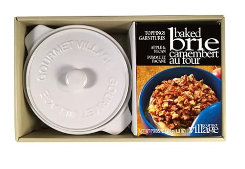 Gourmet du Village, White Ceramic Brie Baker with Handles Gift Set with Apple Pecan Topping