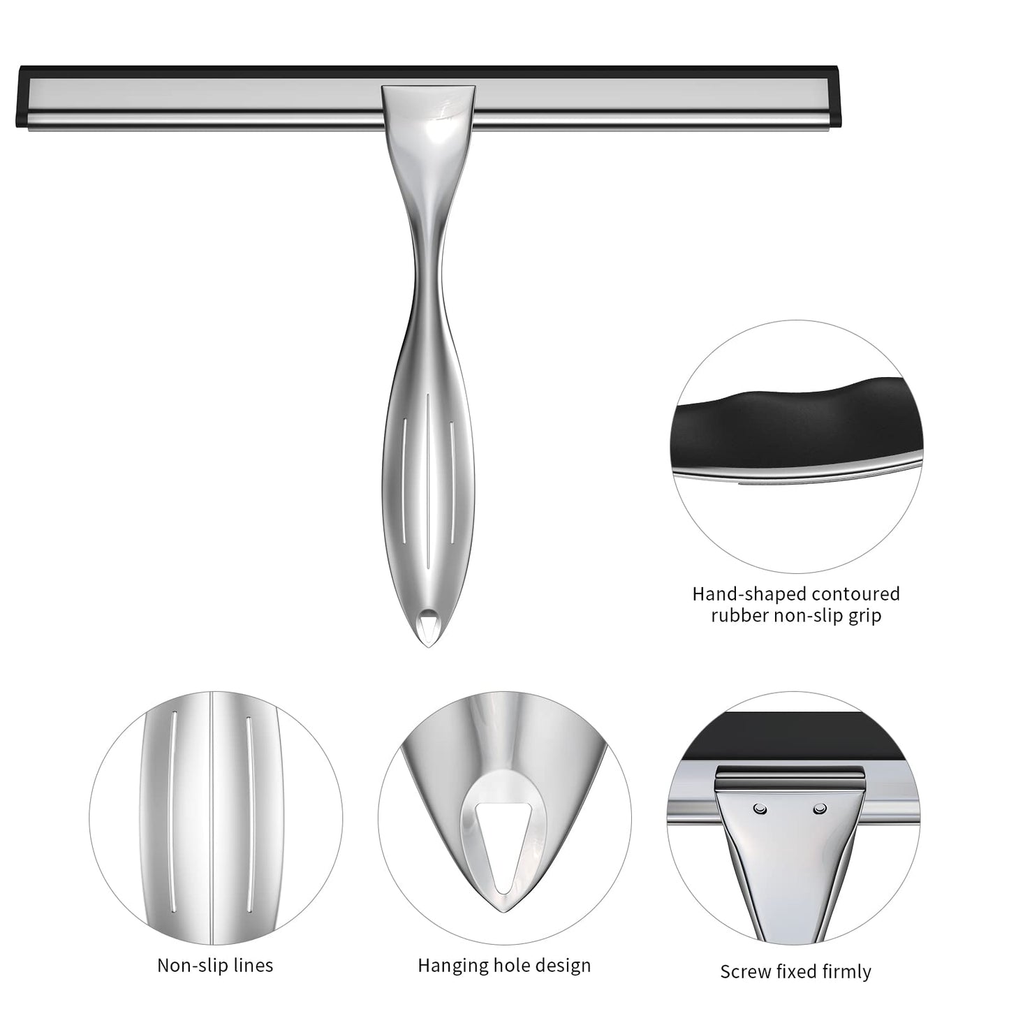 Shower Squeegee for Glass Door 12-Inch Stainless Steel Bathroom Squeegee Window Wiper, Includes Shower Door Hook, Adhesive Hook, and Spare Silicone