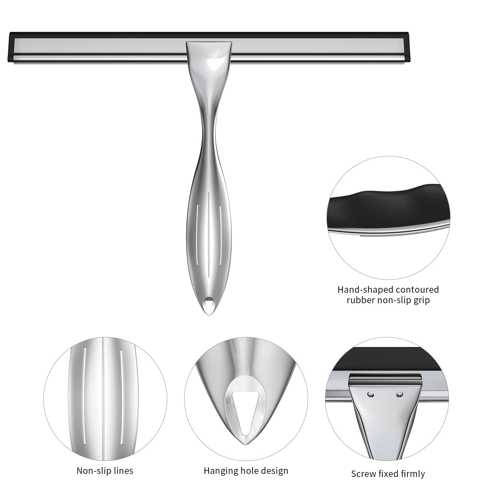 Shower Squeegee Set, 10-Inch Stainless Steel Squeegee for Bathroom, Shower Doors, Mirrors, Tiles, and Car Windows - 100% Streak Free, Includes Shower