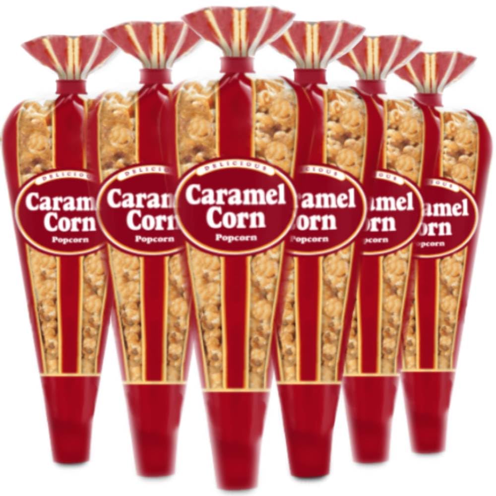 Gourmet Popcorn - 6 Caramel Corn Mini Cones - Small Storage Space Friendly & Great Stocking Stuffers and Exclusive Inspirational Sticker! 13.2oz total