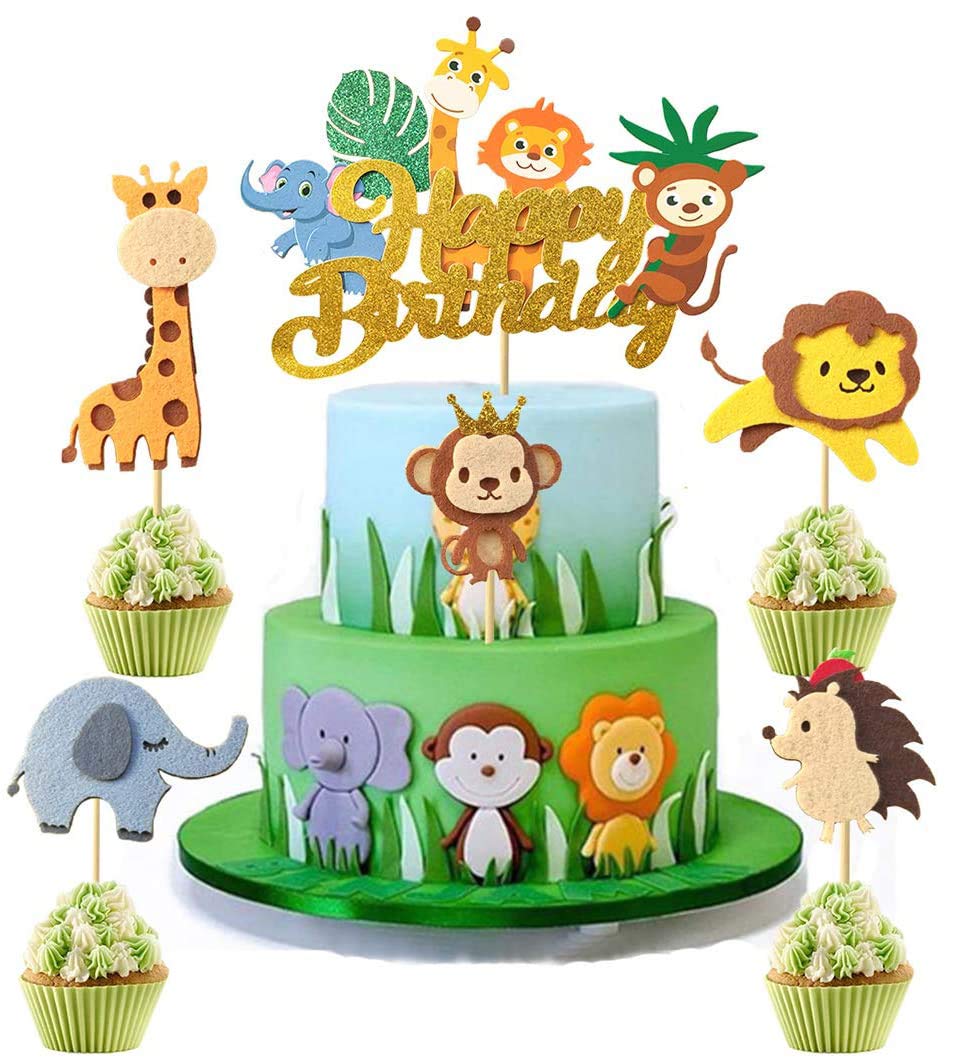 6Pcs Jungle Animal Happy Birthday Cake Toppers Elephant Giraffe Hedgehog Lion Monkey Cake Decorations Animals Party Baby Showers Birthday Party