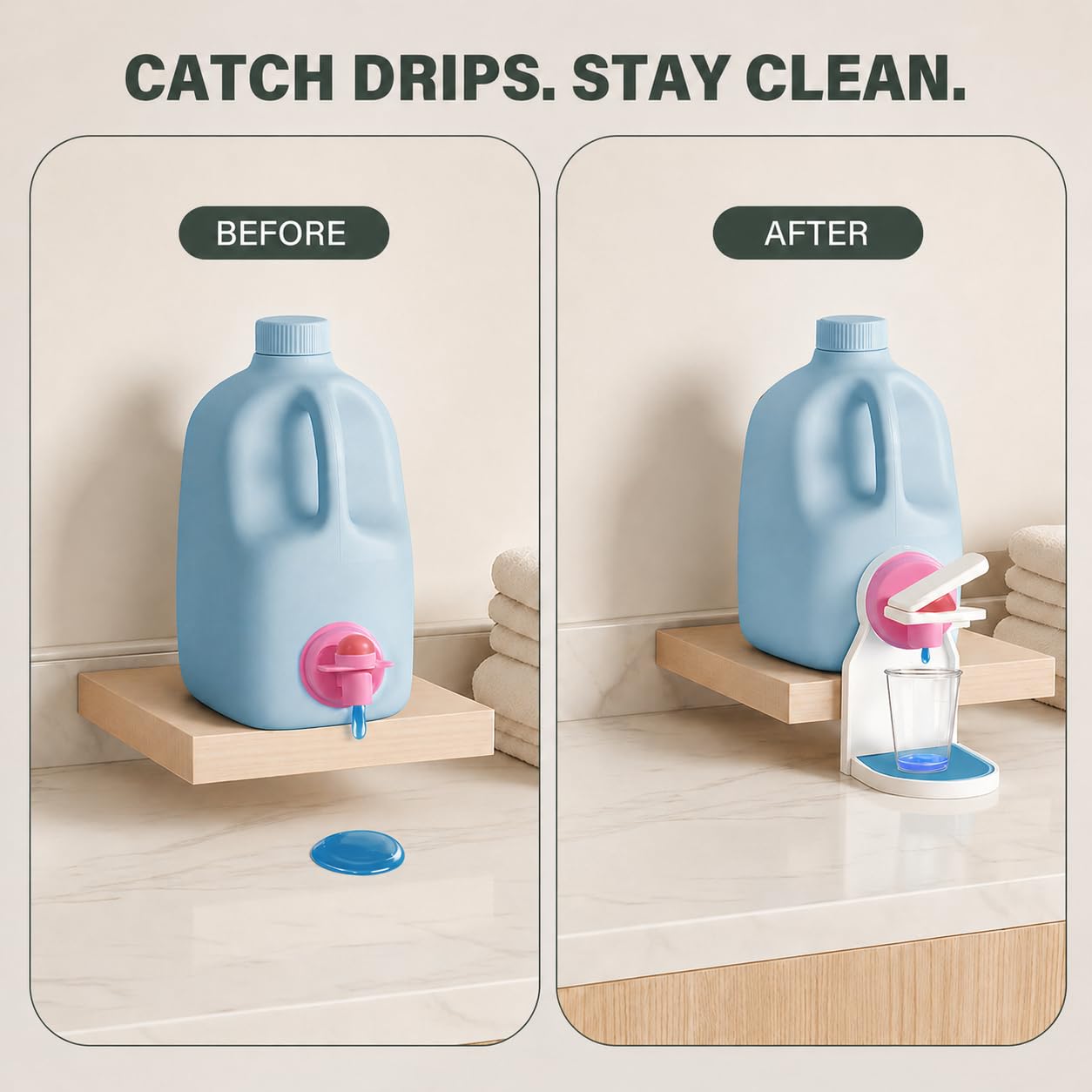 Laundry Detergent Cup Holder & Fabric Softener Drip Catcher, Easy-Press Lever with Secure Spout Clamp, Removable Drip Tray & Non-Slip Pad, Helps