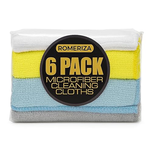 ROMERIZA INC. 6?Pack Microfiber Cleaning Cloths - Reusable, Lint?Free Multi?Color Towels for Kitchen, Car, Glass & Bathroom, Machine?Washable