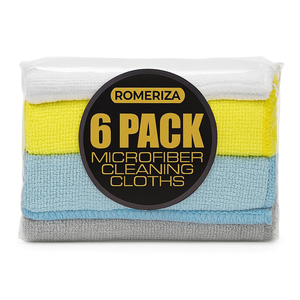 ROMERIZA INC. 6?Pack Microfiber Cleaning Cloths - Reusable, Lint?Free Multi?Color Towels for Kitchen, Car, Glass & Bathroom, Machine?Washable