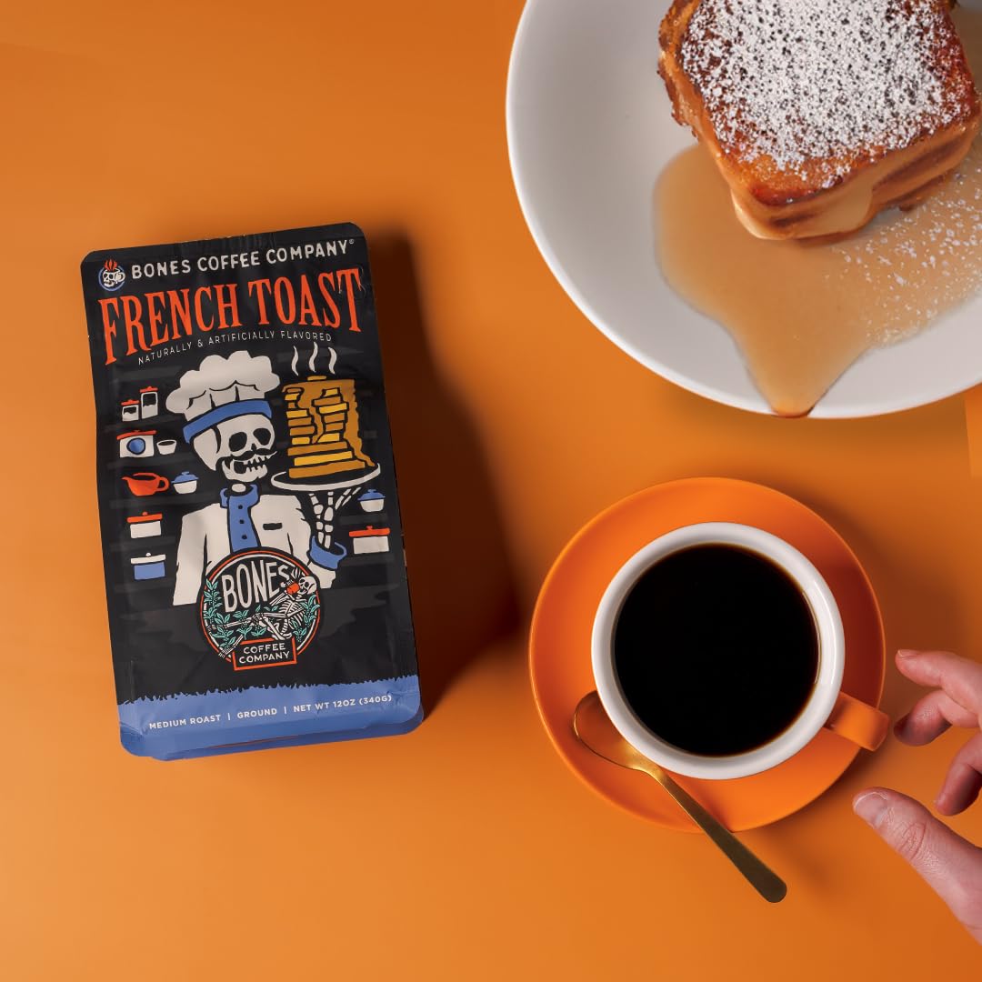 Bones Coffee Company French Toast, Sweet and Buttery Flavored Coffee, Medium Roast Low Acid Arabica Beans Compatible with Auto drip and French Press