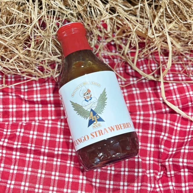 4 J's NVR Specialty sauce, Mango Strawberry,16 oz, Small Batch, NO thickeners or preservatives, Gluten Free, Vegetarian, Fruit Based Sauce