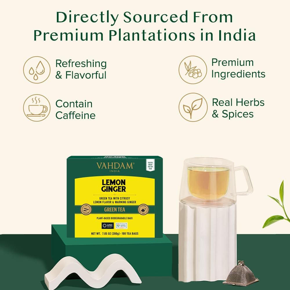 VAHDAM, Lemon Ginger Tea Bags (100 Green Tea Bags) Low Caffeine | Fruity Flavor - Zesty Lemon & Ginger, Orange Peel | Resealable Ziplock Pouch | Brew