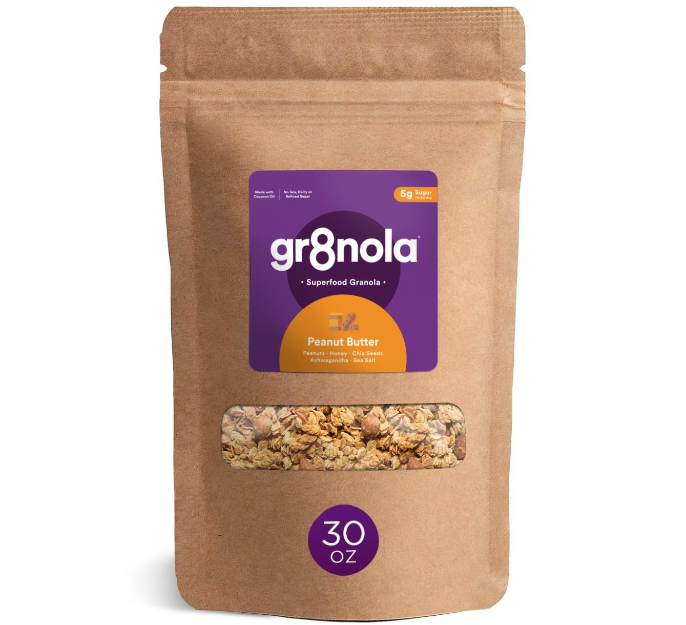 gr8nola PEANUT BUTTER - Healthy, Low Sugar Bulk Granola Cereal - Made with Superfoods Peanuts, Ashwagandha, and Chia Seeds, Soy Free, Dairy Free