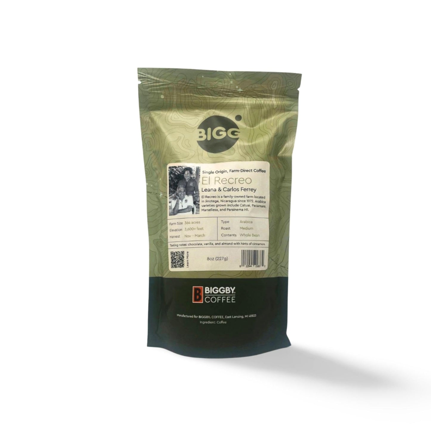 BIGGBY® El Recreo Whole Bean Coffee, 100% Farm-Direct, Single Origin, 8oz Bag, Medium Roast