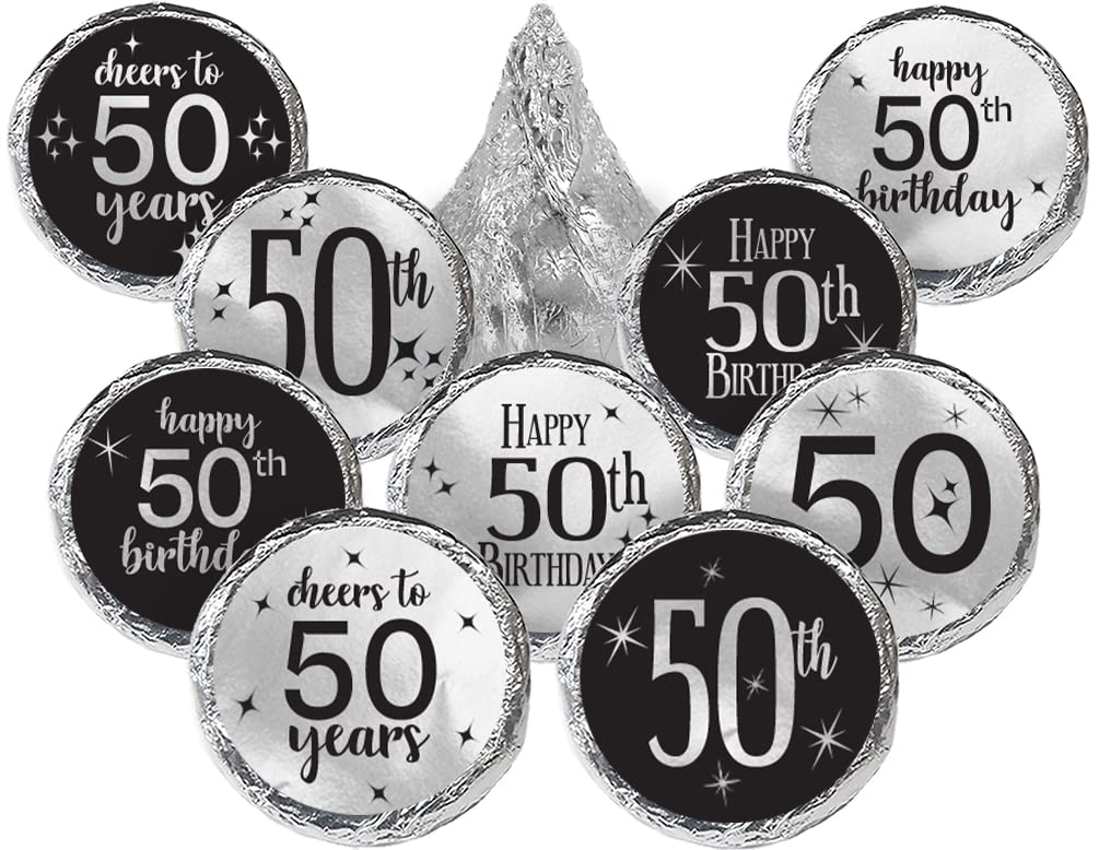 50th Birthday Candy Stickers, Black Print on Silver Foil, 180 Count