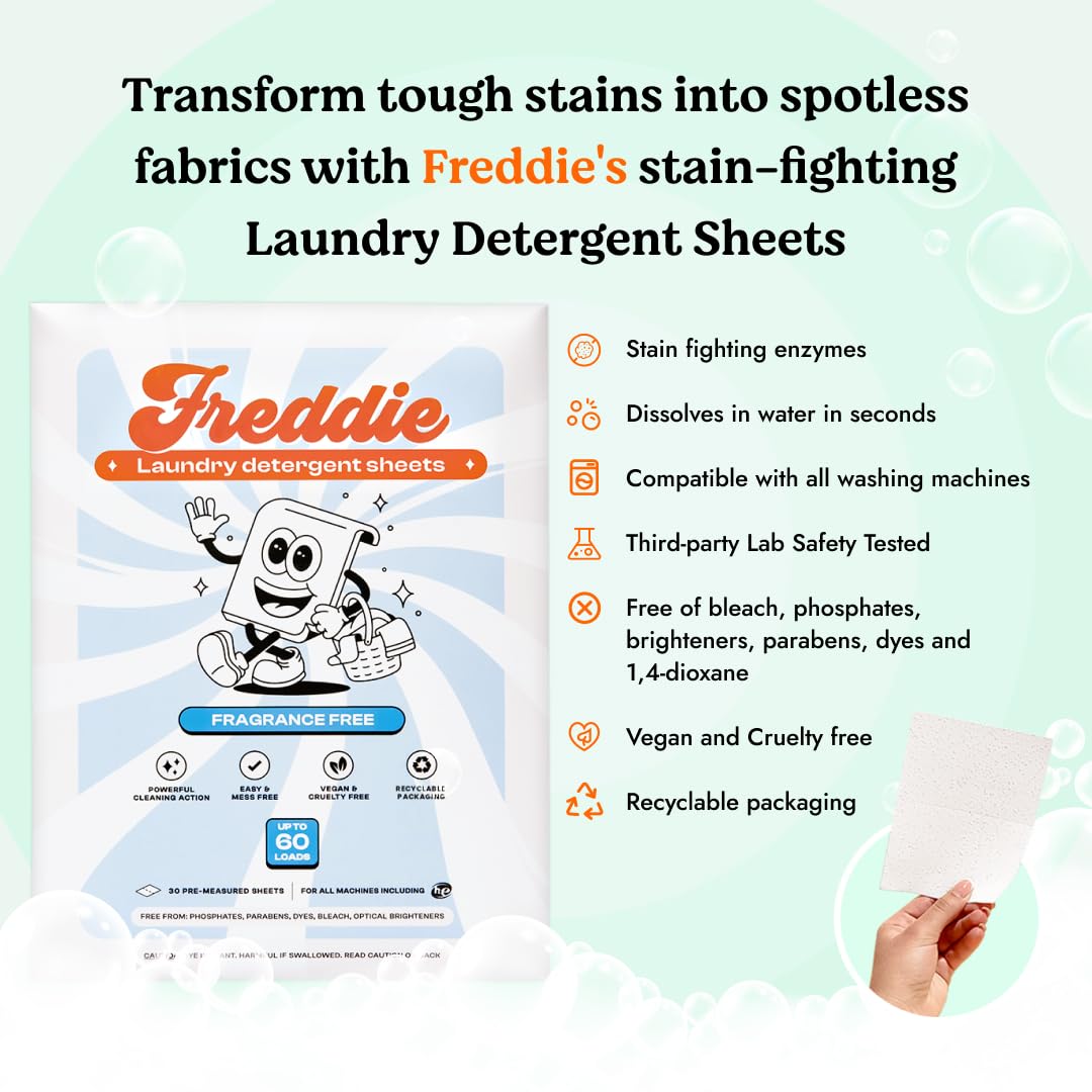 Freddie Low-Waste Laundry Detergent Sheets - Jug Free Format - Pre-Measured Strips - 60 Loads - Unscented for Sensitive Skin