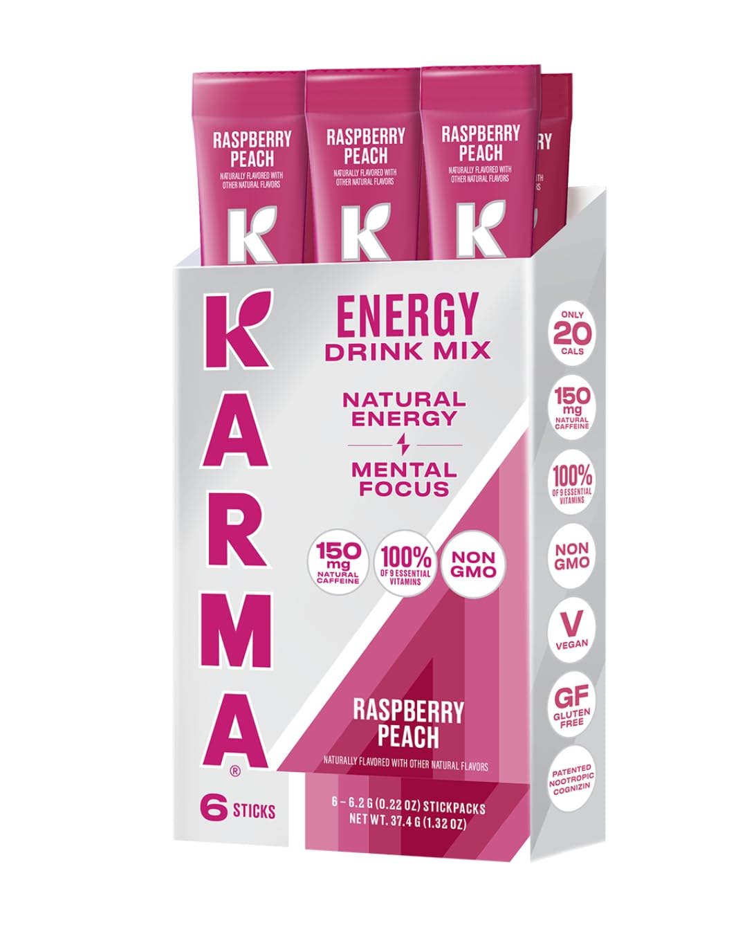 Karma Energy Hydration Packets - 6 Pack, Raspberry Peach Drink Mix with Cognizin® Nootropics, Vitamins & Immune Support, Low Calorie