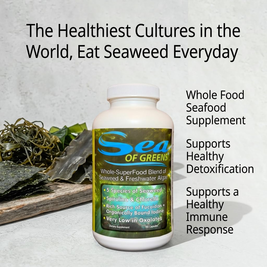 Sea of Greens - Organic Seaweed & Algae Superfood Blend - Spirulina, Chlorella, Bladderwrack, Wakame - Natural Iodine & Fucoidan - Oxalate-Free - 180