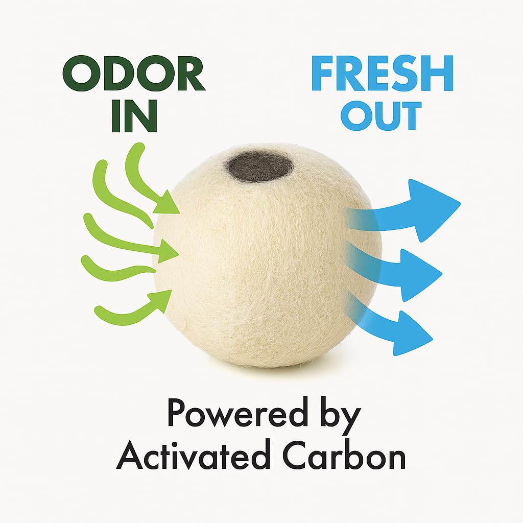 XL Wool Dryer Balls (3-Pack) with Activated Carbon - Odor Eliminating & Fragrance-Free Laundry Deodorizer, Natural Fabric Softener Alternative