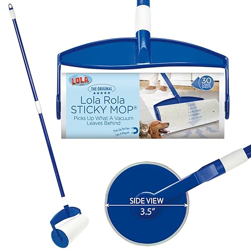 LOLA Rola PET Hair Remover Sticky Mop, Giant Floor Lint Roller, 9" x 3.5", Extender Handle, Largest Head, Traps Hair, Dust, Dirt, Extra Sticky Sheets