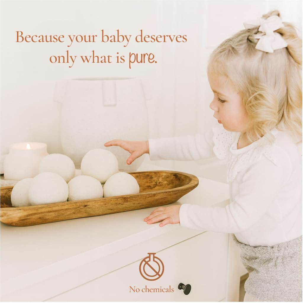 Wool Dryer Balls for Baby - XL 6-Pack with Mesh Bag - Baby Safe, Hypoallergenic, 100% New Zealand Wool - Chemical-Free Fabric Softener for Baby