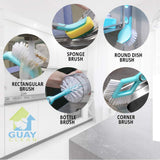Guay Clean Kitchen Dish Brush Set with Handle and Scrapper - 4pc Brushes Includes: Rectangular, Round, Bottle, Corner, Bonus Scrub Sponge