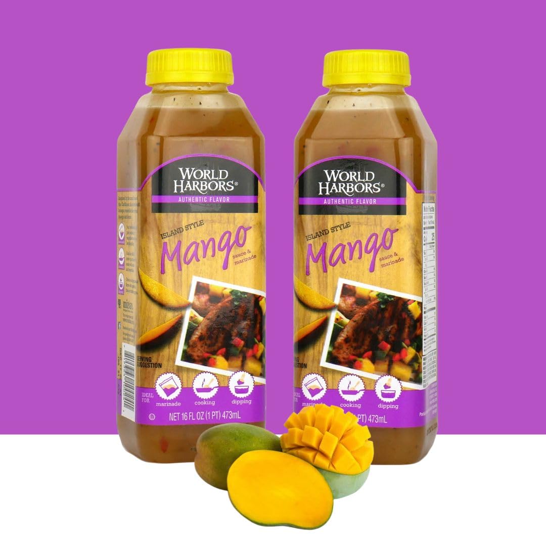 World Harbors Island Mango Sauce & Marinade - Low-Calorie, Sweet & Tangy Perfect Sauce for Chicken, Fish, Beef, Wings, Dipping, Stir-Frying, Salad