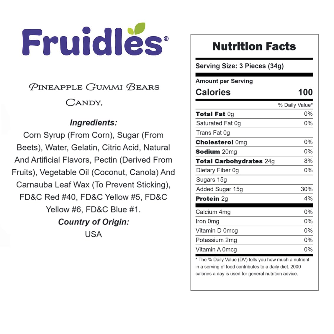 Fruidles Pineapple Gummi Bears Candy, Fruit Flavors Gummies, Allergy Friendly, Non-GMO, No Artificial Sweeteners Gummy (2 Pounds)