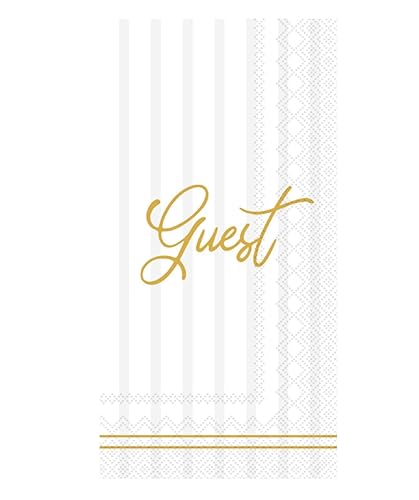Boston International Monogrammed Disposable Dinner Napkins 3-Ply Paper Guest Hand Towels, 8.25" x 4.5", Striped Cream with Gold Guest, 16-Count