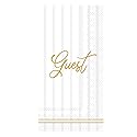 Boston International Monogrammed Disposable Dinner Napkins 3-Ply Paper Guest Hand Towels, 8.25" x 4.5", Striped Cream with Gold Guest, 16-Count