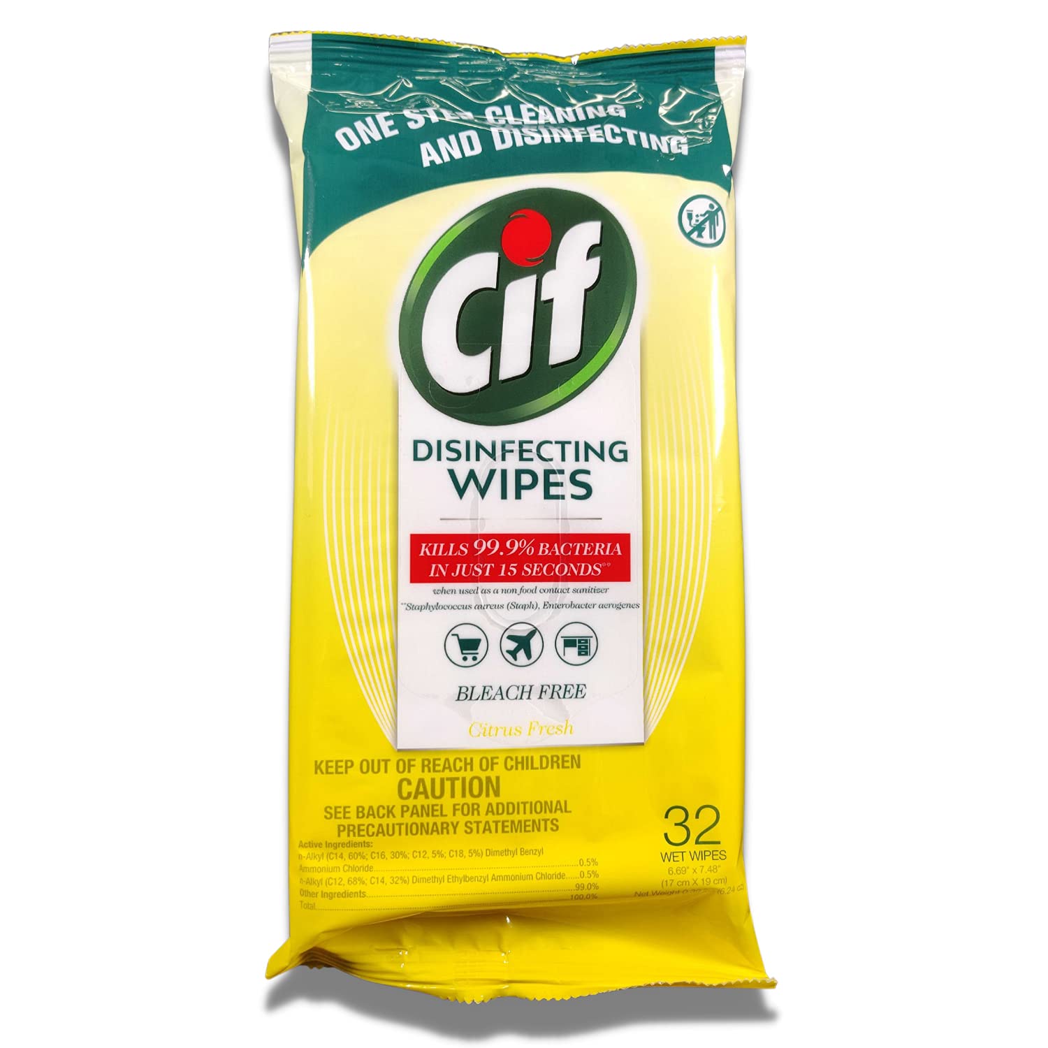 Fine Life Products Cif Multi Surface Disinfecting Hand Wet Citrus Wipes for All Hard Non Porous Surfaces, Remove 99 Percent of Diseases, 32 Count