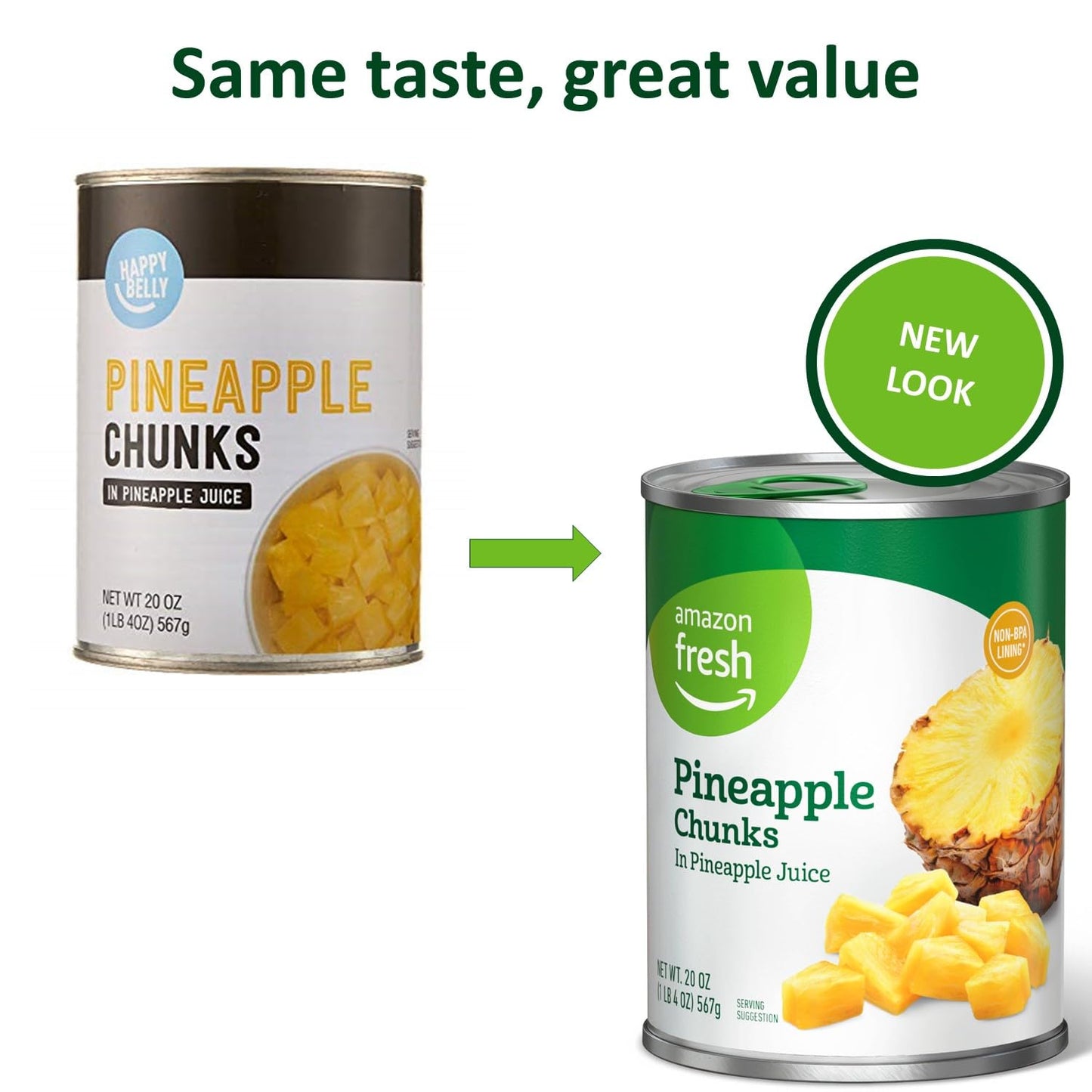 Amazon Fresh, Pineapple Chunks in Pinapple Juice, 20 Oz (Previously Happy Belly, Packaging May Vary)