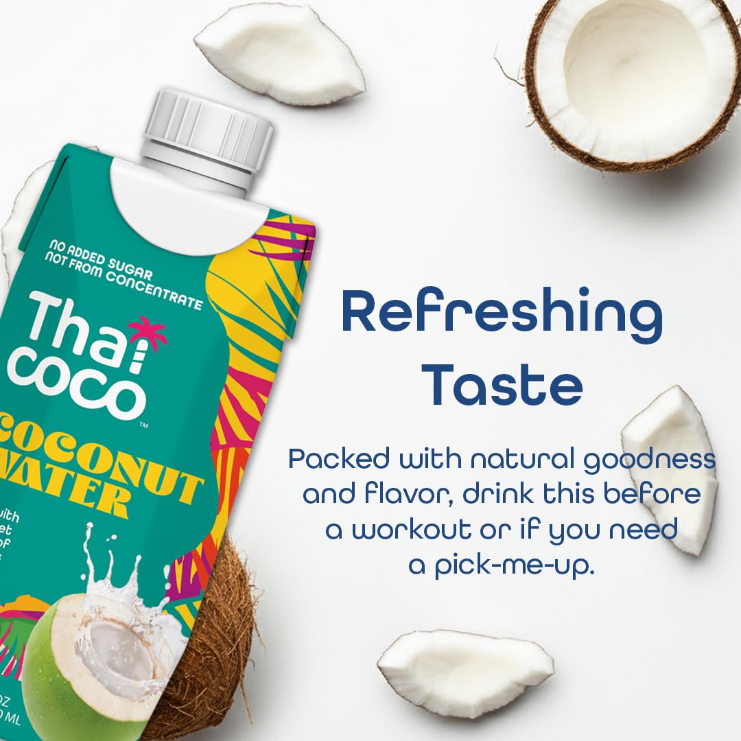 Thai Coco Organic Coconut Water, 100% Pure & Unsweetened, No Sugar Added, USDA Organic, Natural Electrolytes Hydration Drink, 11.2 fl oz Tetra Carton