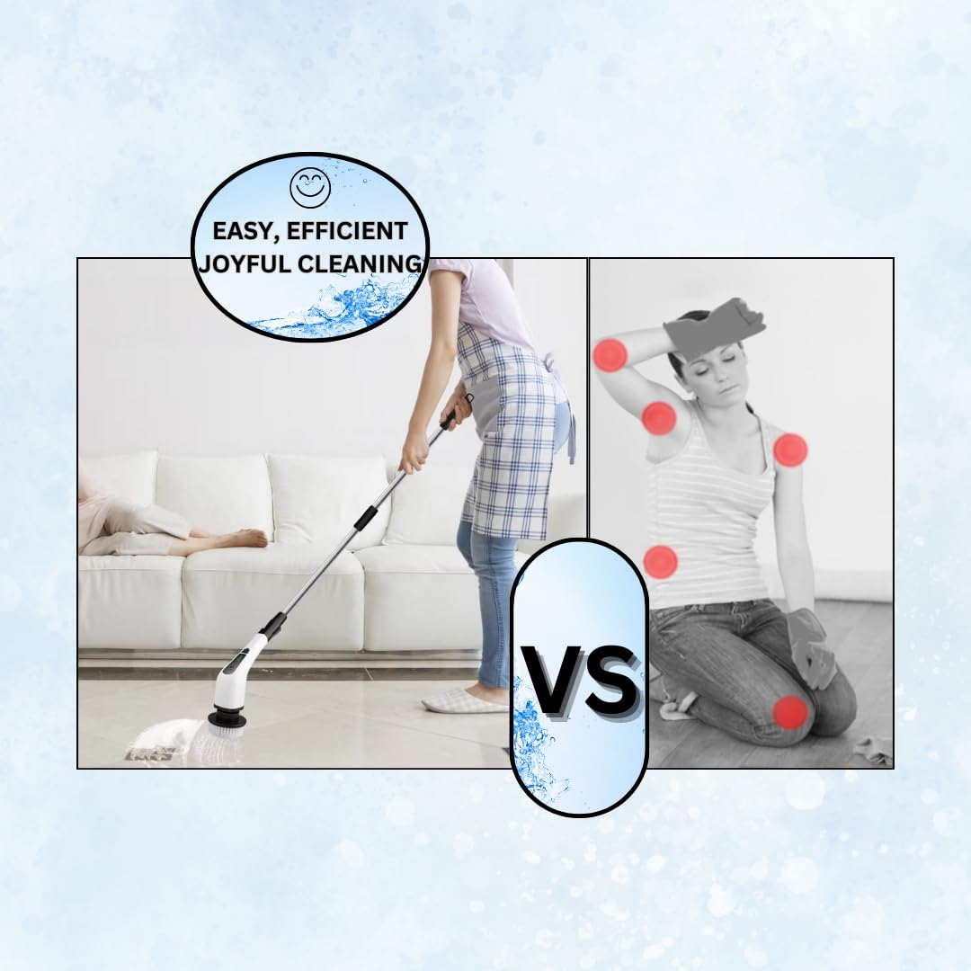 Electric Spin Scrubber, Cordless Cleaning Brush with 8 Replaceable Heads, Adjustable Handle, Dual Speed Power Scrubber for Bathroom, Bathtub, Floor