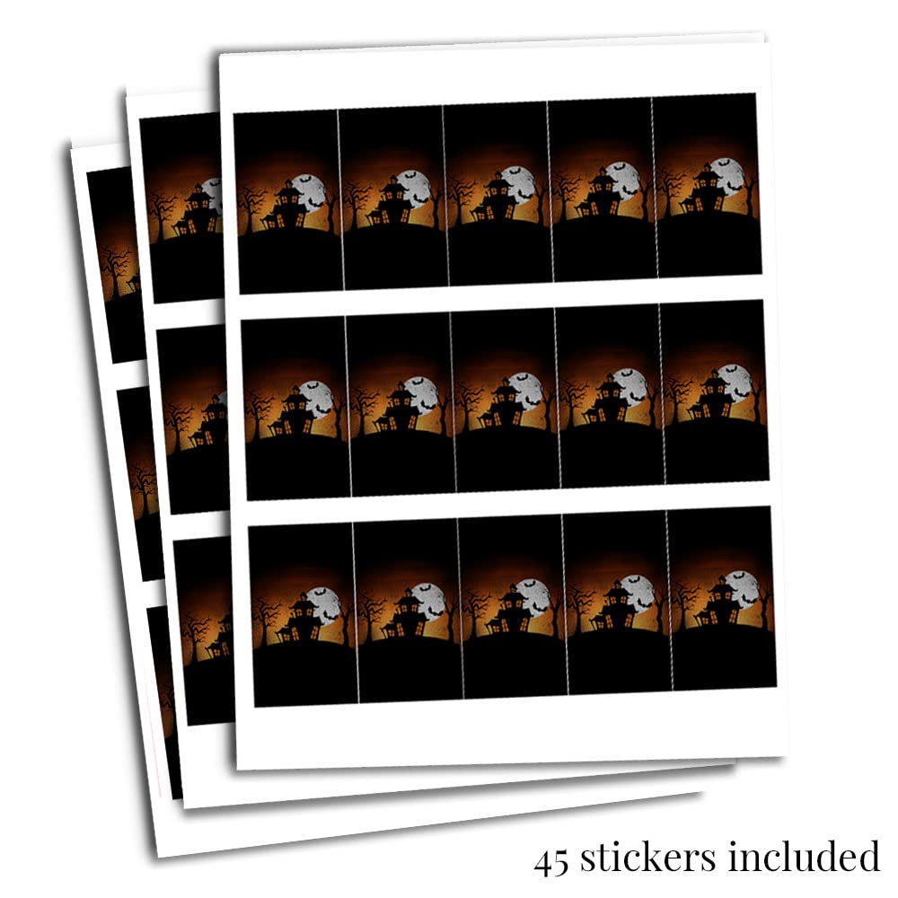 Amanda Creation Spooky Halloween Haunted House Mini Chocolate Candy Bar Sticker Wrappers, 45 1.4" x 2.6" Wrap Around Labels, Great for Party Favors