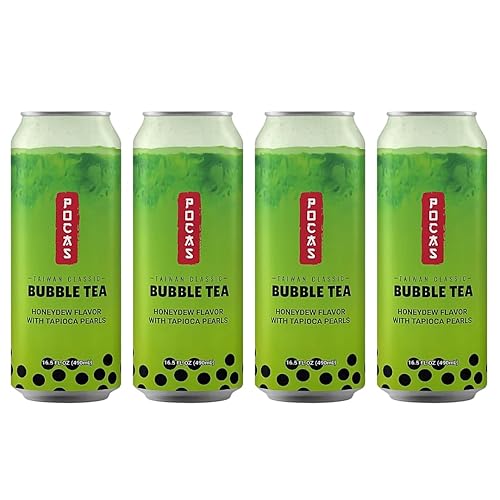 Pocas Bubble Tea with Tapioca Pearls, (Pack of 4, 16.5 oz), Asian Drinks, Refreshing Milk Tea with Boba Pearls (Honeydew)