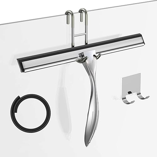 Shower Squeegee for Glass Door 12-Inch Stainless Steel Bathroom Squeegee Window Wiper, Includes Shower Door Hook, Adhesive Hook, and Spare Silicone