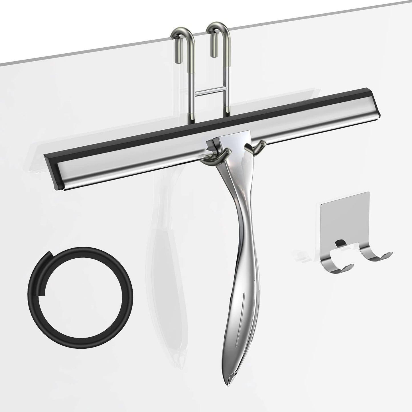 Shower Squeegee for Glass Door 12-Inch Stainless Steel Bathroom Squeegee Window Wiper, Includes Shower Door Hook, Adhesive Hook, and Spare Silicone