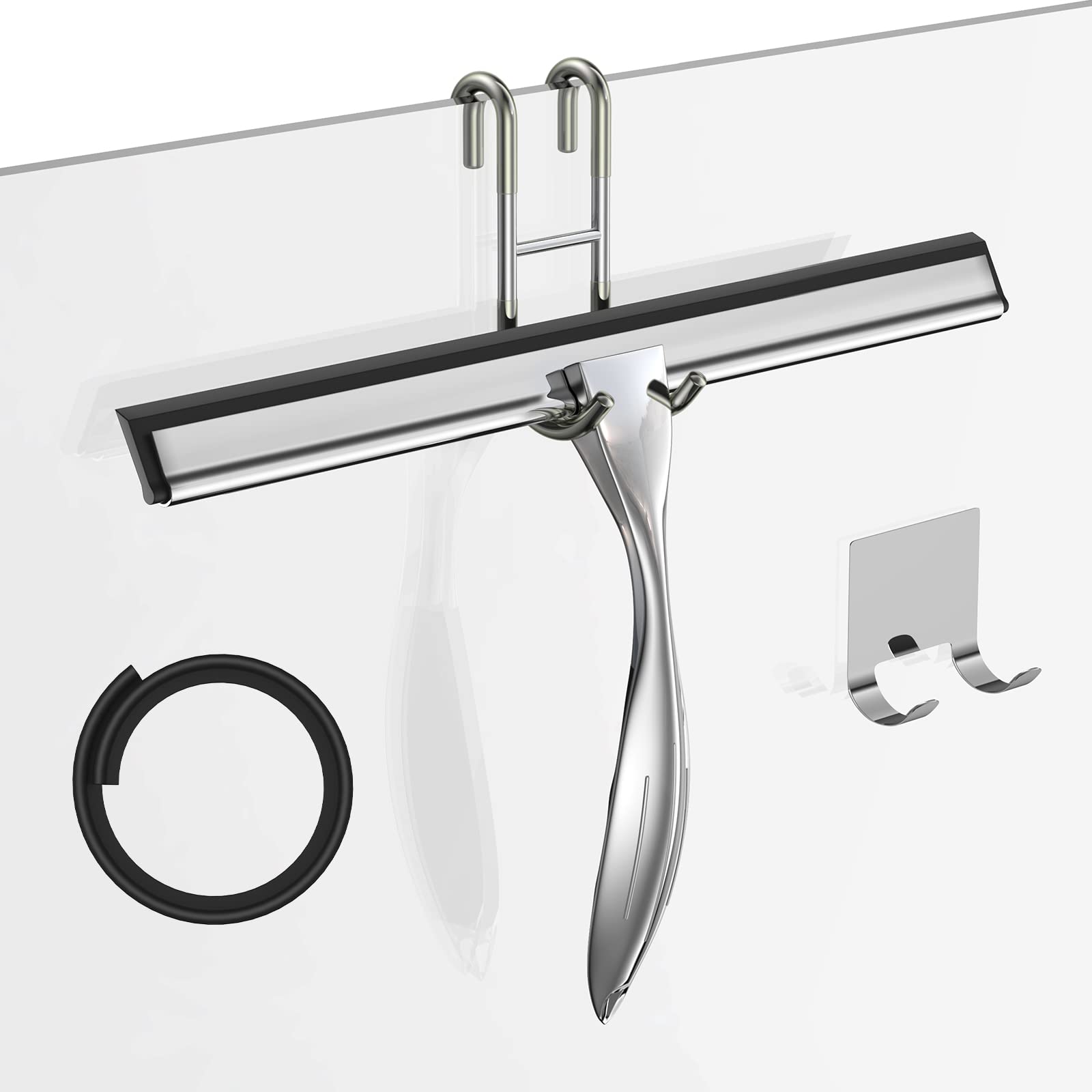 Shower Squeegee for Glass Door 12-Inch Stainless Steel Bathroom Squeegee Window Wiper, Includes Shower Door Hook, Adhesive Hook, and Spare Silicone