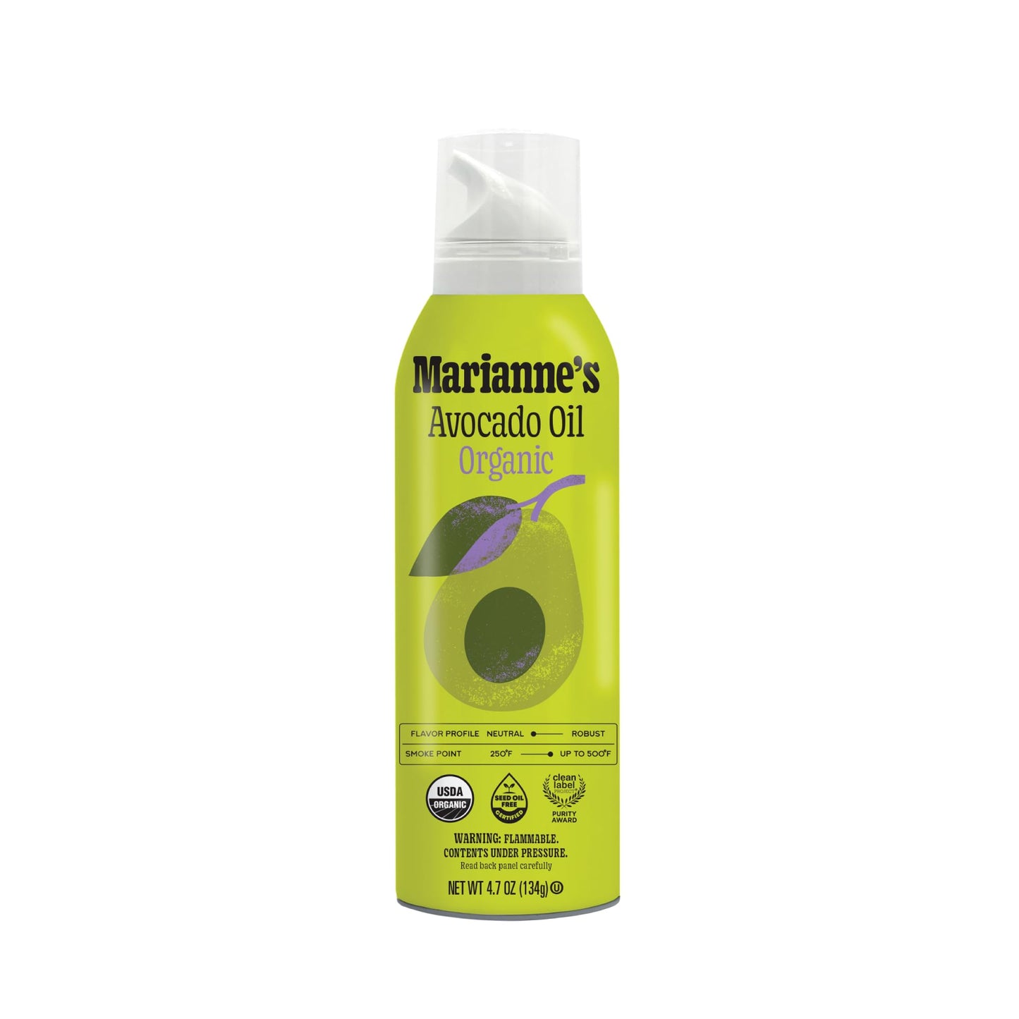 Marianne’s Organic Avocado Oil Spray: 100% Pure Avocado Oil Cooking Spray, Neutral Flavor, High-Heat Cooking Up to 500°F, Propellant-Free, USDA Organic