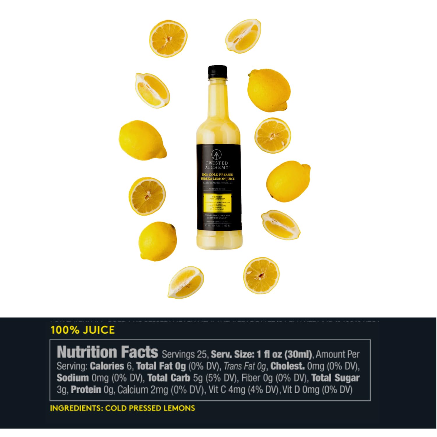 Twisted Alchemy Cold Pressed Fresh Lemon Juice For Craft Cocktails - Fresh, All Natural, Hand Squeezed Lemon Juice Cocktail Mixer - (25 Oz Bottle