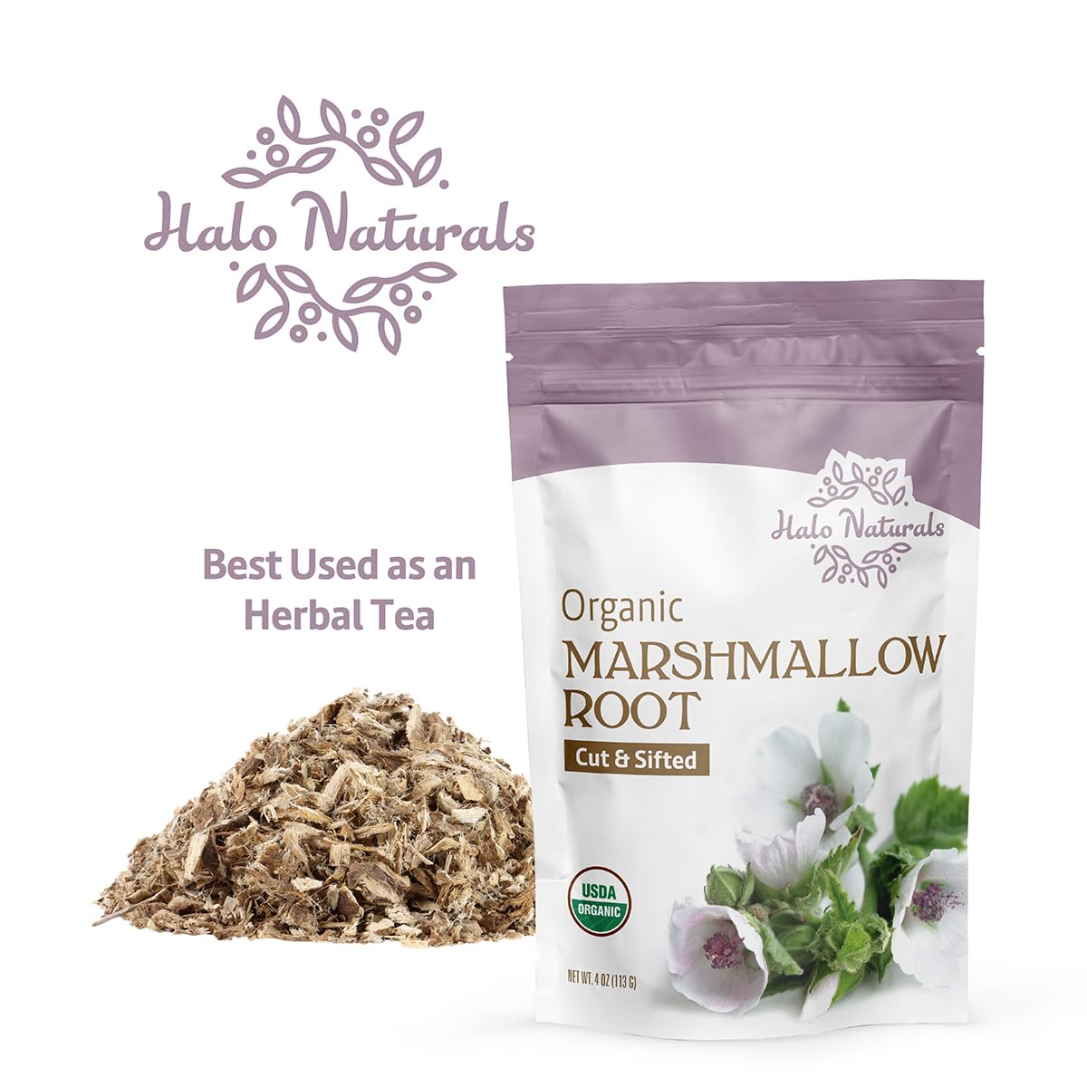 Halo Naturals Organic Marshmallow Root Cut & Sifted, 4 Ounces (Althaea officinalis) USDA Certified | Resealable Pouch| Packaged in The USA (Pack of 1)