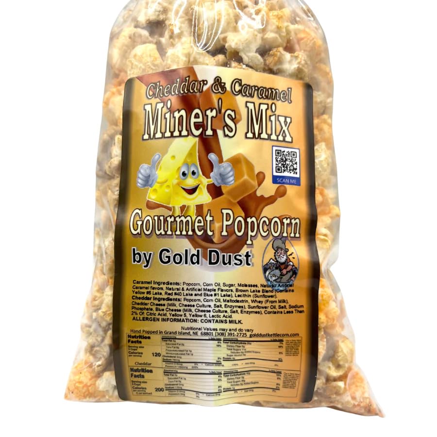 Gold Dust Kettle Corn | Miner’s Mix | Cheddar and Caramel Popcorn | Sweet and Salty | Cheese and Caramel Popcorn Mix | Popped Popcorn Snack Bag | Non