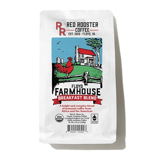 Red Rooster Coffee, Organic Floyd Farmhouse Breakfast Blend - Light-Medium Roast Whole Bean Coffee - Notes of Toasted Almond, Red Plum, Caramel