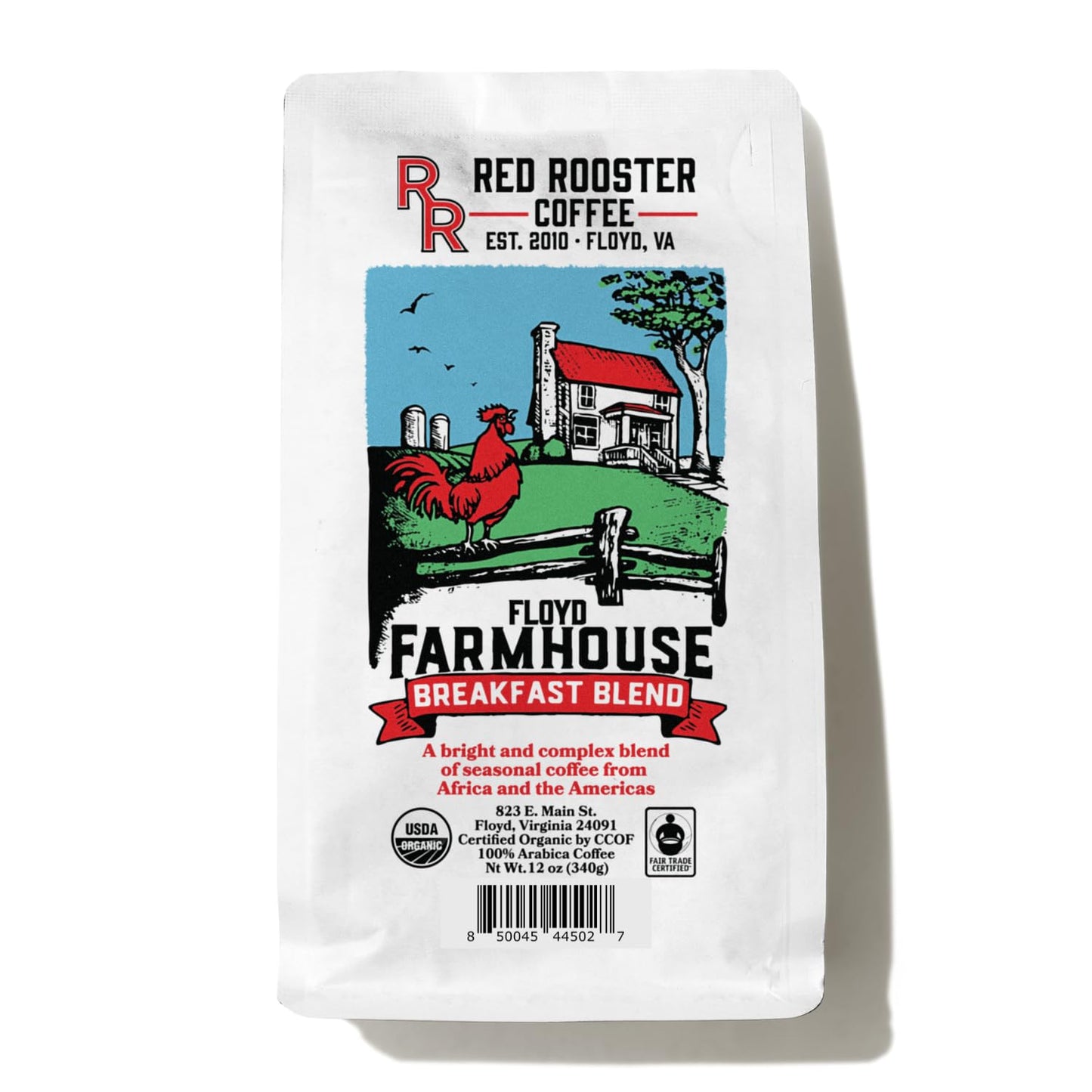 Red Rooster Coffee, Organic Floyd Farmhouse Breakfast Blend - Light-Medium Roast Whole Bean Coffee - Notes of Toasted Almond, Red Plum, Caramel