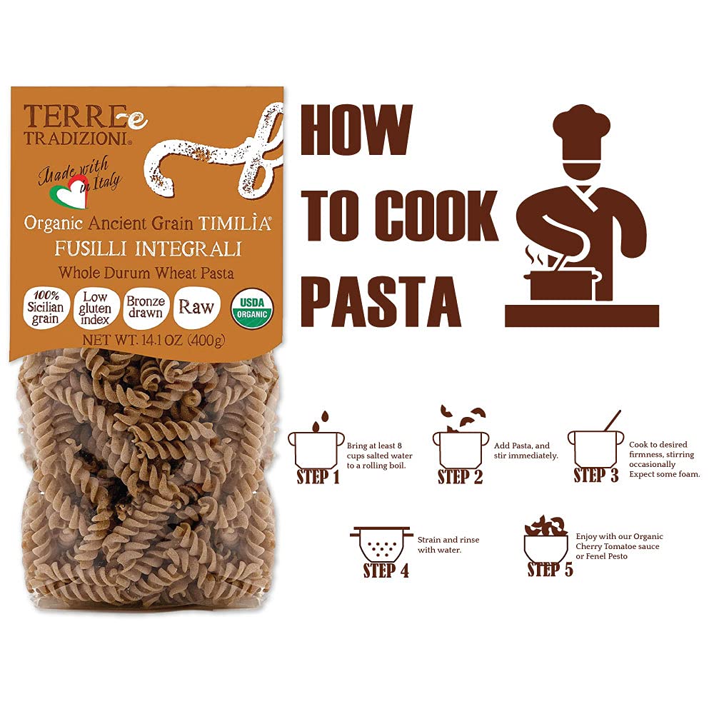 3 PACKS ORGANIC ITALIAN WHOLE DURUM WHEAT FUSILLI PASTA - Sicilian Ancient Grain Timilia Vegan Pasta Crafted in Italy. LOW-GLUTEN INDEX. Has 6X More