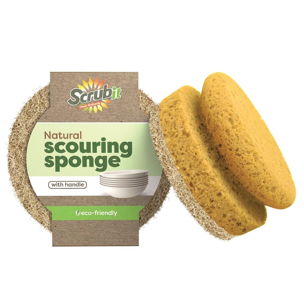 SCRUBIT Natural Scouring Pads, Eco Friendly Scrubbing Sponges for Kitchen Cleaning and Dishes, Non-Scratch Dish Scrubber with Easy-Grip Sponge Handle