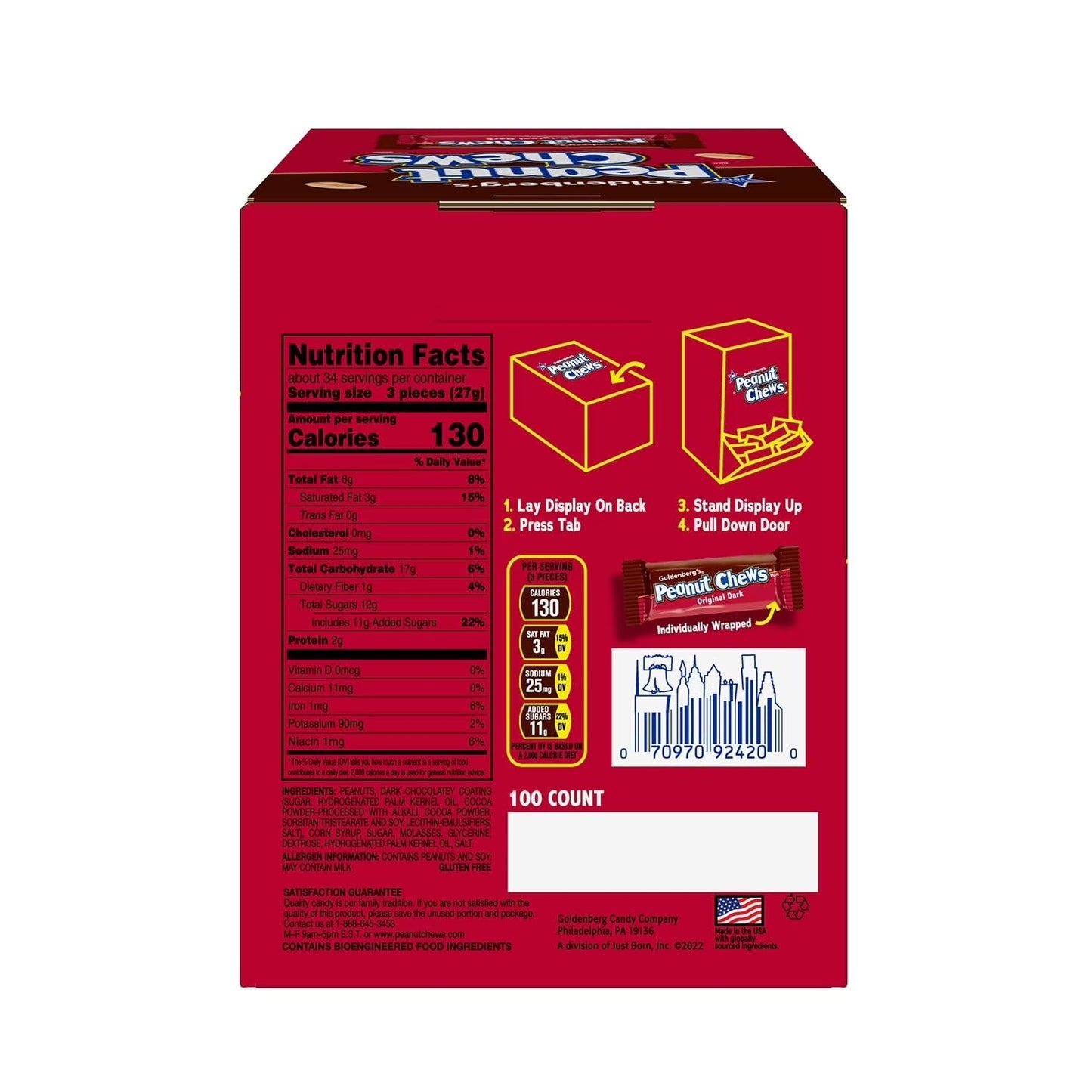 Goldenberg's Peanut Chews Original Dark, Gluten Free, Individually Wrapped, 100 Pieces, 32 oz (2lbs)