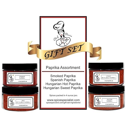 Paprika Assortment Set by Chef Cherie - Includes 4 different Seasonings - 1 each of Spanish Paprika, Hungarian Sweet Paprika, Hot Paprika, and Smoked