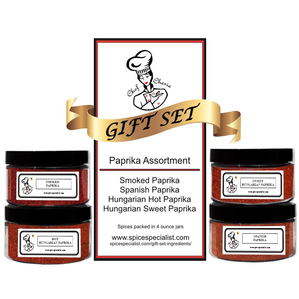 Paprika Assortment Set by Chef Cherie - Includes 4 different Seasonings - 1 each of Spanish Paprika, Hungarian Sweet Paprika, Hot Paprika, and Smoked