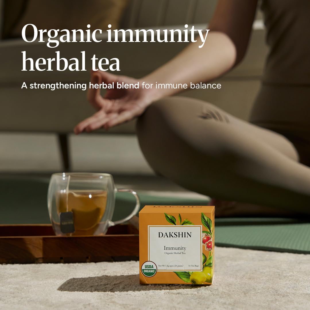DAKSHIN Organic Immunity Tea Bags | Ashwagandha, Amalaki, Echinacea, Tulsi & Guduchi | Ayurvedic Daily Wellness Tea | Caffeine-Free | USDA Organic |