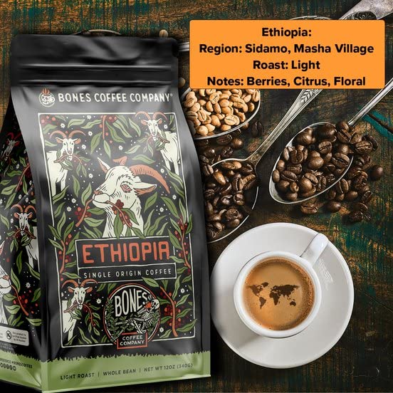 Bones Coffee Company Ethiopia Single-Origin, Citrus, Floral and Berries Notes, Ground Coffee Beans, Low Acid Light Roast Arabica Beans Flavored